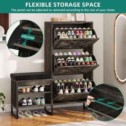 Shoe Cabinet with Bench for Entryway, 3 Flip Drawers Shoe Storage Cabinet with Shoe Bench