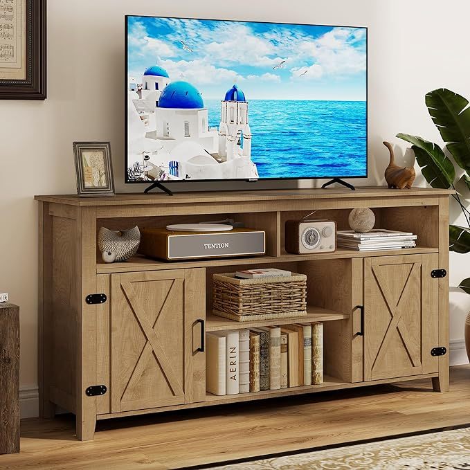 Farmhouse TV Cabinet for 65 Inch TV, Mid Century Modern TV Stand w/Barn Door