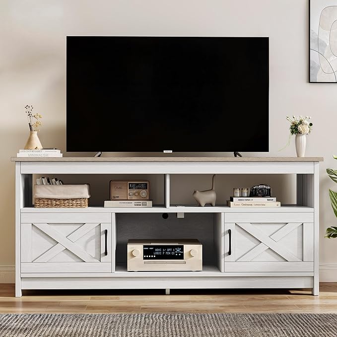 Farmhouse TV Console, TV Stand with Power Outlets for TVs up to 65 Inch