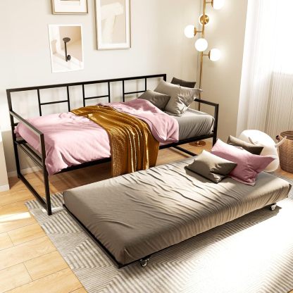 Daybed with Trundle, Twin Size Trundle Bed Adjustable Height, Metal Bed Frame Heavy Duty Metal Slats Support