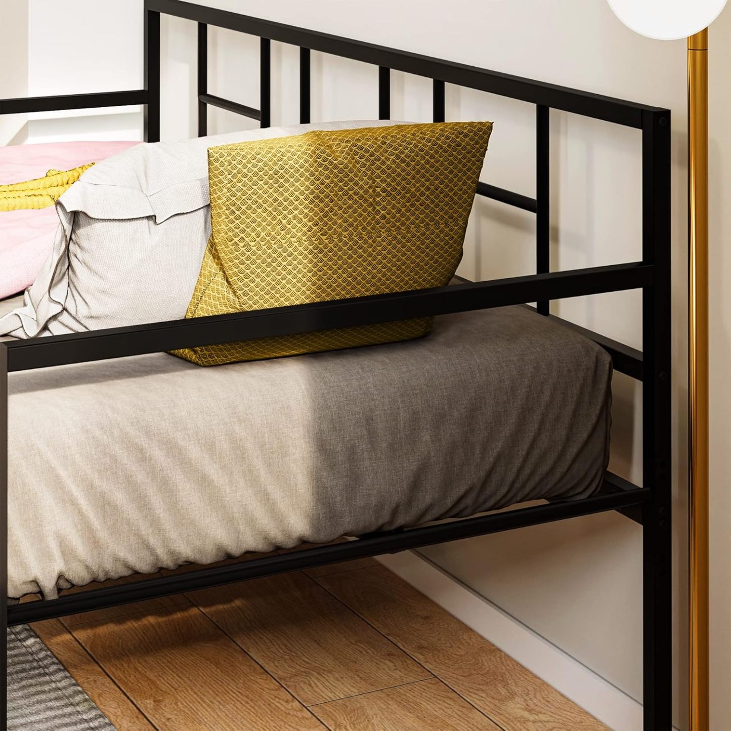Daybed with Trundle, Twin Size Trundle Bed Adjustable Height, Metal Bed Frame Heavy Duty Metal Slats Support