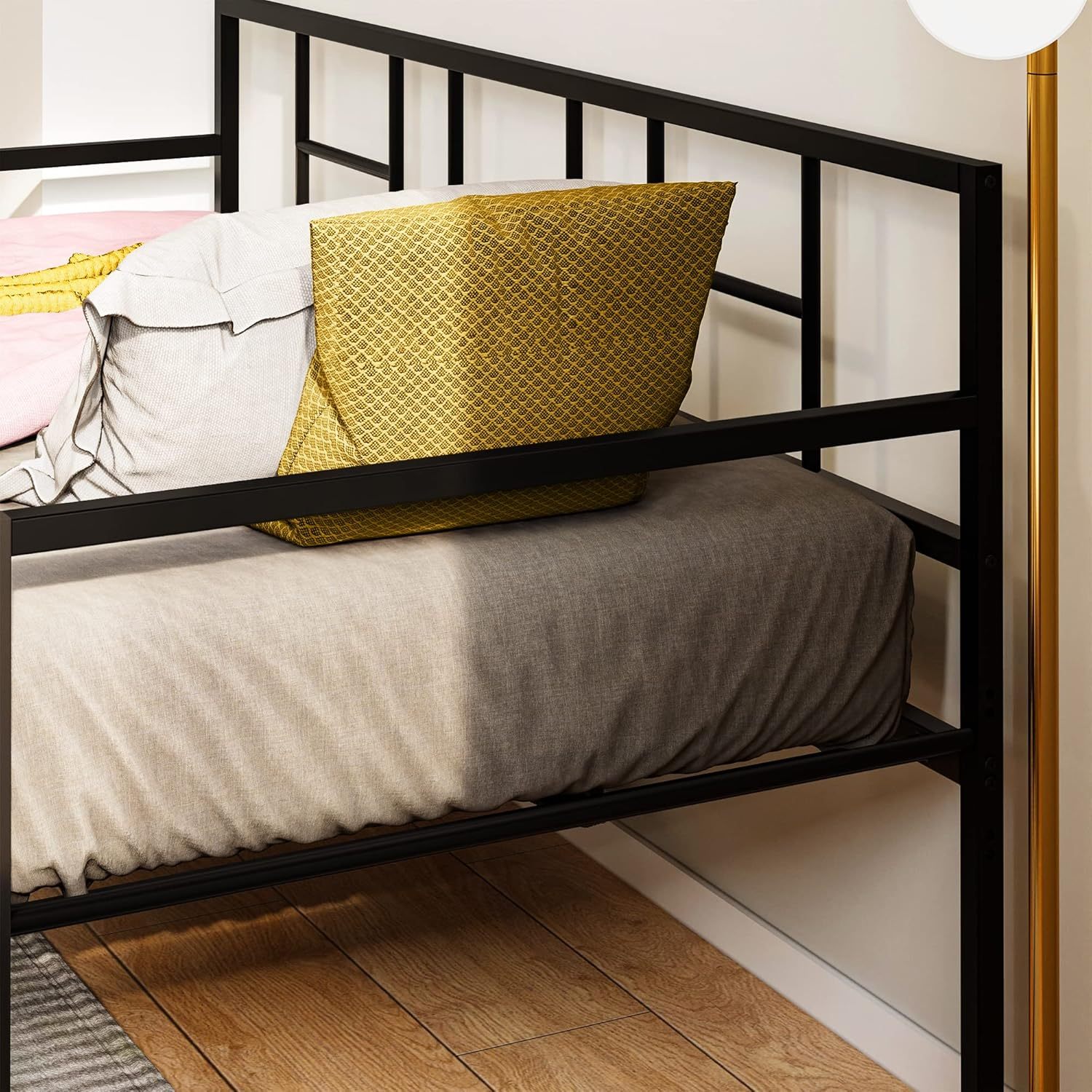 Daybed with Trundle, Twin Size Trundle Bed Adjustable Height, Metal Bed Frame Heavy Duty Metal Slats Support