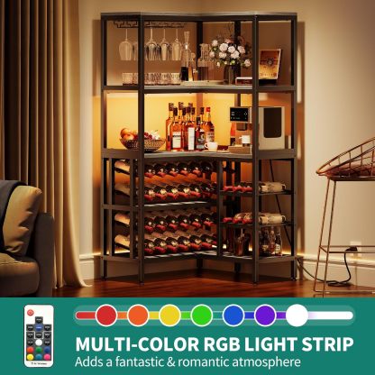Large Corner Wine Rack, 63'' Corner Bar Cabinet with Power Outlet and LED Light, 5-Tier L Shaped Industrial Liquor Cabinet w/Glass Holder