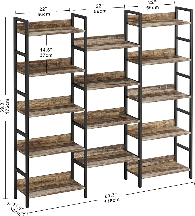 Bookcases and Bookshelves Triple Wide 5 Tiers Industrial Bookshelf with Baffles Large Etagere Bookshelf with Metal Frame for Living Room Home Office