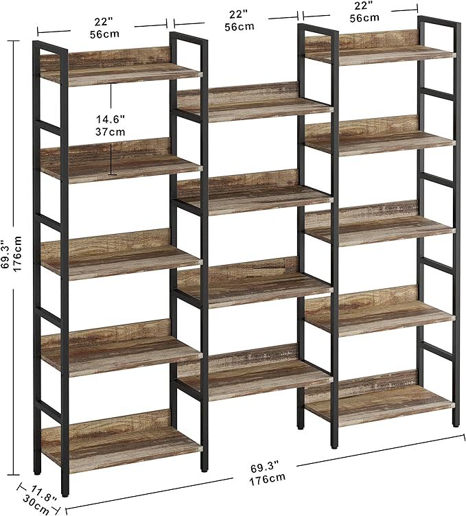 Bookcases and Bookshelves Triple Wide 5 Tiers Industrial Bookshelf with Baffles Large Etagere Bookshelf with Metal Frame for Living Room Home Office