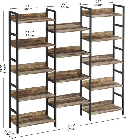 Bookcases and Bookshelves Triple Wide 5 Tiers Industrial Bookshelf with Baffles Large Etagere Bookshelf with Metal Frame for Living Room Home Office