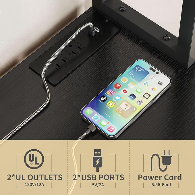 Black Bakers Rack with Trash Can Bin Cabinet and Power Outlet