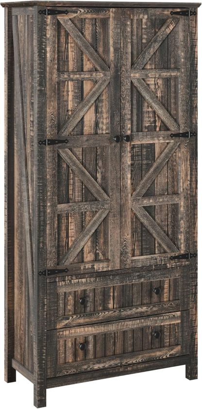Farmhouse Kitchen Pantry Cabinet, 64.5" Tall Storage Cabinet with 2 Drawers & Adjustable Shelves, Ideal for Kitchen, Living Room, or Entryway, Dark Rustic