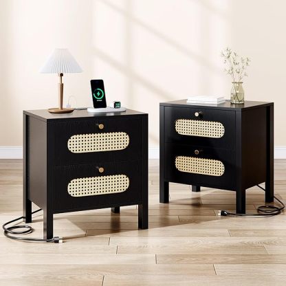 Natural Rattan Nightstands Set of 2 with Charging Station