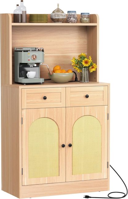 Kitchen Hutch Bakers Rack Cabinet, Coffee Bar Cabinet Kitchen Pantry Microwave Cabinet w/Power Outlet Rattan Storage Cabinet with Drawers and Shelves for Kitchen