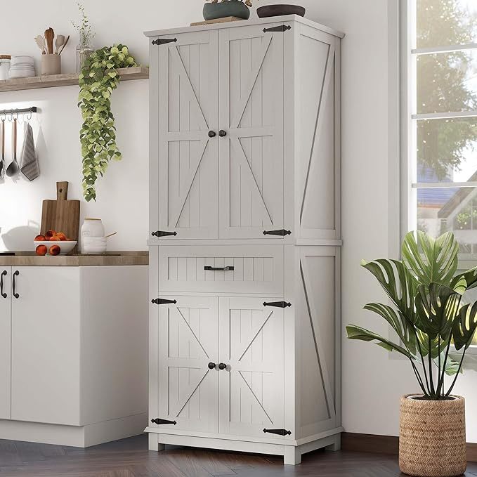 72" Tall Farmhouse Pantry Cabinet, Kitchen Storage Cabinet with Drawer and 2 Barn Doors