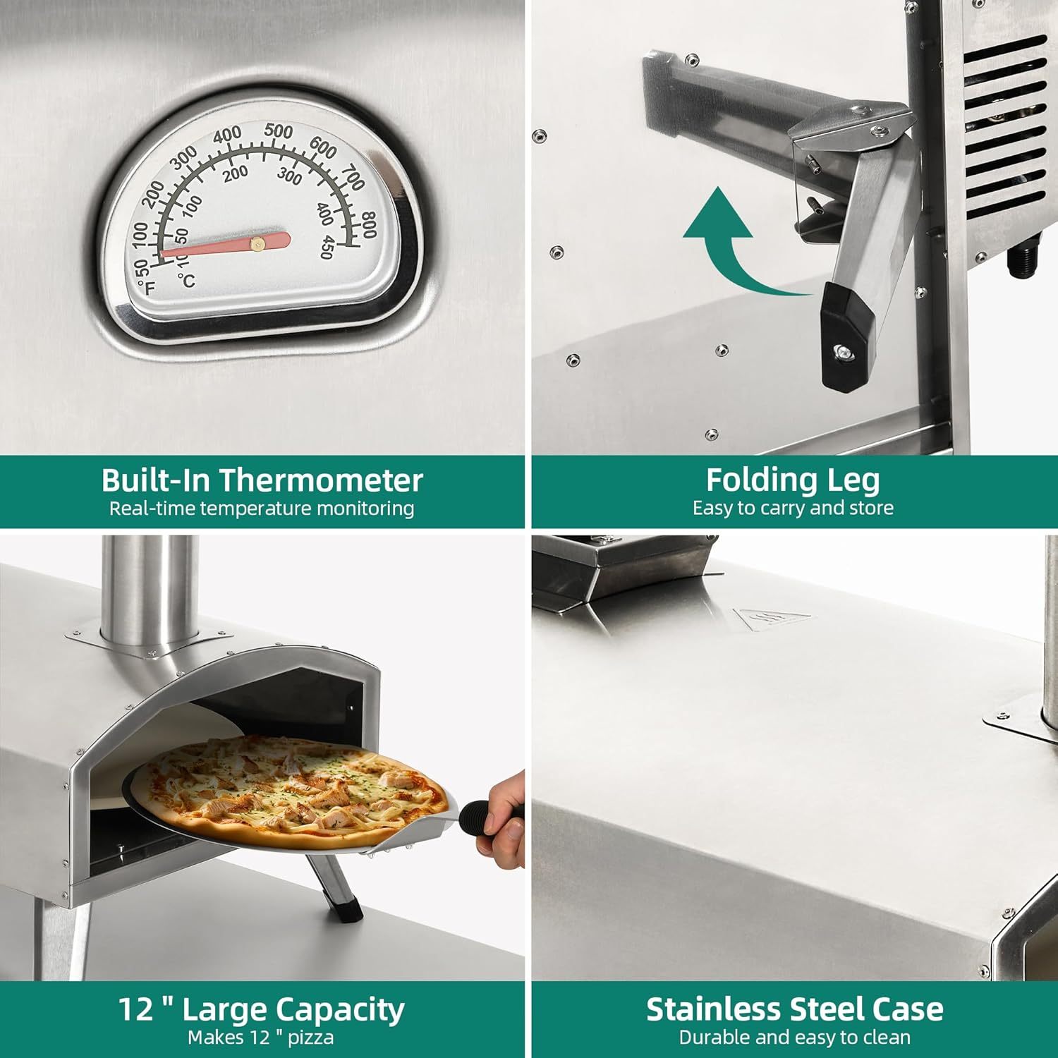 Multi-Fuel Outdoor Pizza Oven with Rotating, 12" Wood and Gas Fired Pizza Oven with Built-in Thermometer