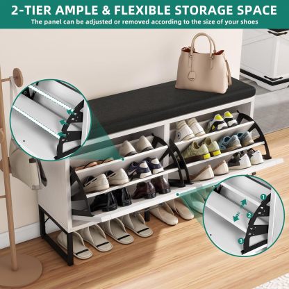 Shoe Cabinet Storage Bench for Entryway, 2-Tier Shoe Bench with 2 Flip Drawers & Padded Seat Cushion