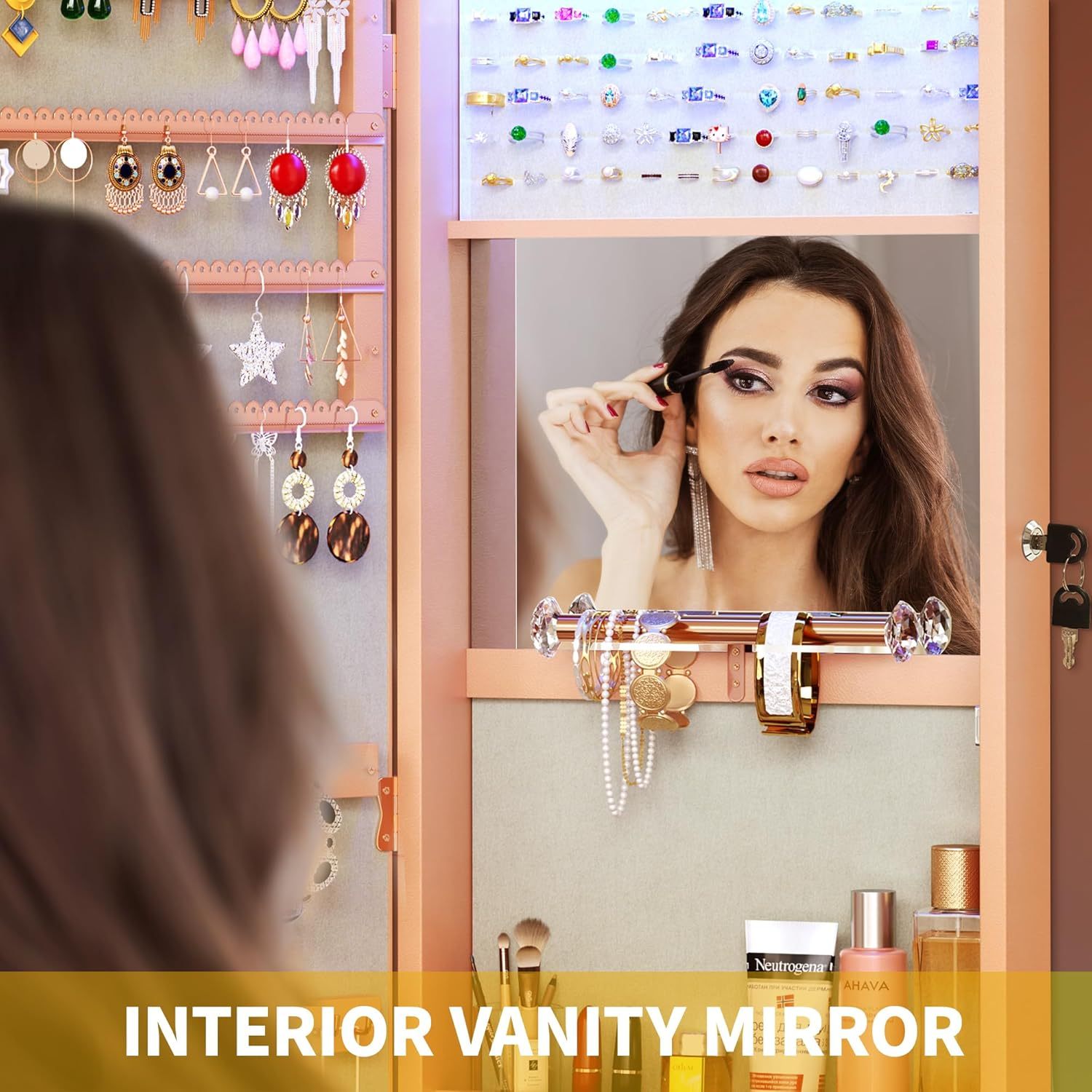 Mirror Jewelry Cabinet Wall Mounted Jewelry Cabinet, Door Hanging LED Jewelry Organizer with Full Length Mirror/Built-in Makeup Mirror/4 Drawers