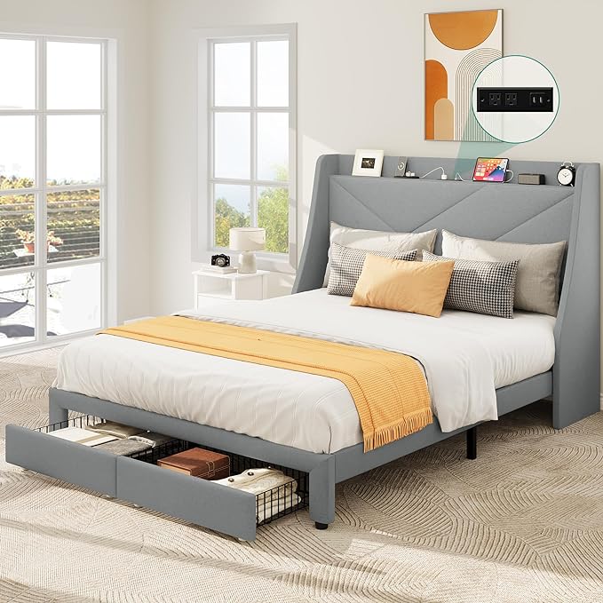 Storage Bed Frame Queen Size, Platform Bed Frame with 2 Drawers and Type-C & USB Port
