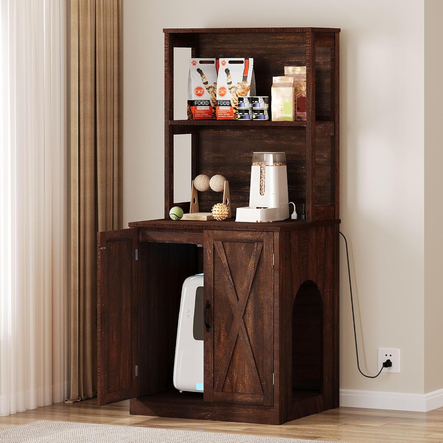 Large Cat Litter Box Furniture with Shelves and Charging Station, Hidden for Self-Cleaning Cat Litter Box Enclosure