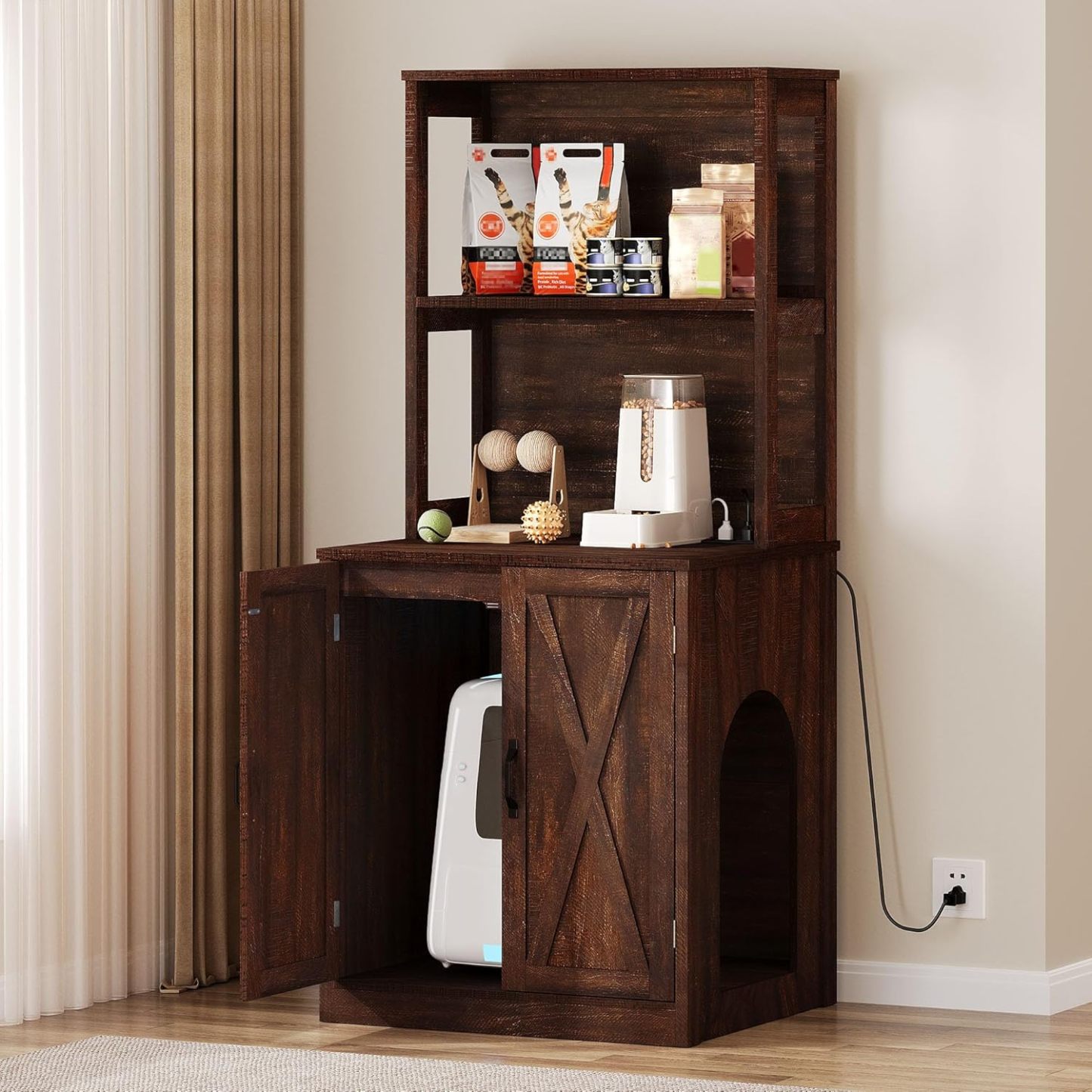 Large Cat Litter Box Furniture with Shelves and Charging Station, Hidden for Self-Cleaning Cat Litter Box Enclosure