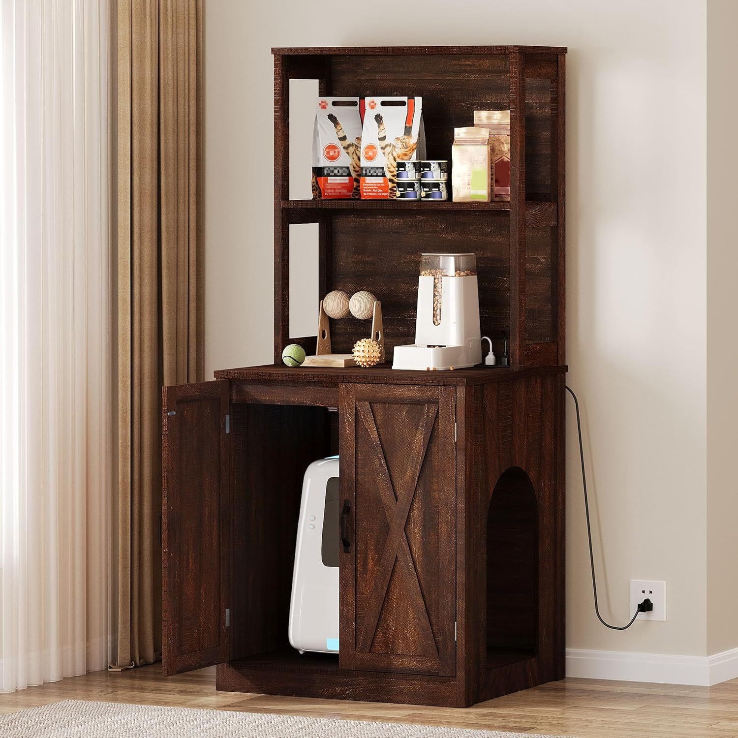 Large Cat Litter Box Furniture with Shelves and Charging Station, Hidden for Self-Cleaning Cat Litter Box Enclosure