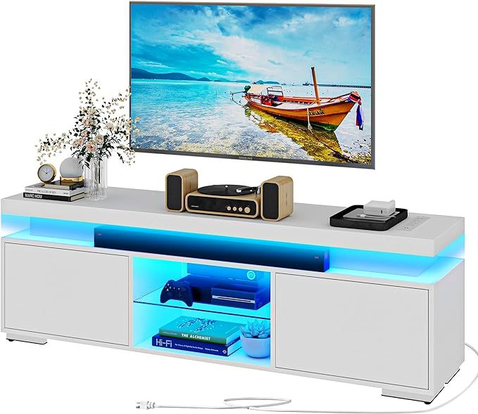 White TV Stand with LED Lights and Power Outlet