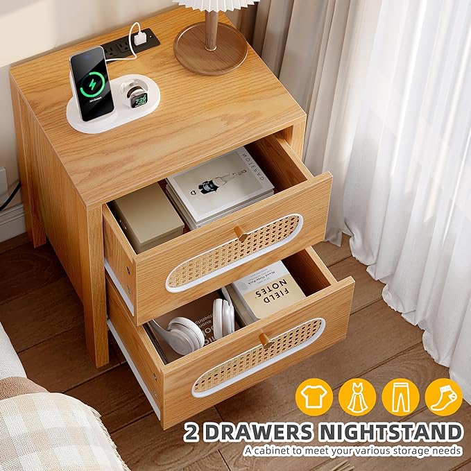 Natural Rattan Nightstands Set of 2 with Charging Station