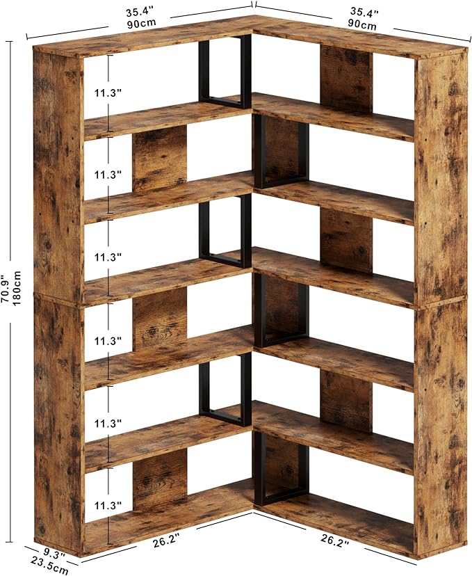 Bookshelves 6-Tier with Industrial Large Corner Etagere Shelf Bookcases Display Storage Shelves for Home Office, Living Room, Bed Room, Vintage Brown