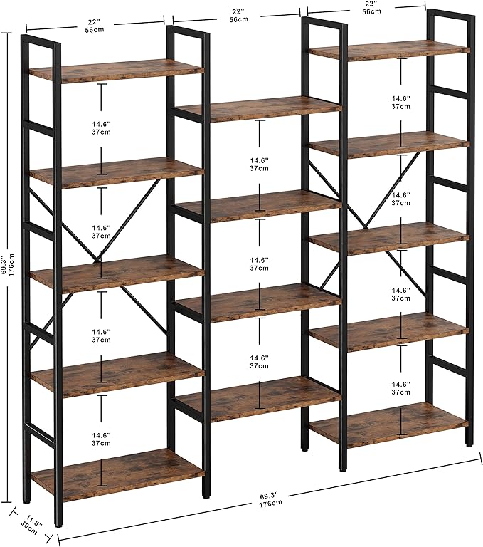 Bookcases and Bookshelves Triple Wide 5 Tiers Industrial Bookshelf, Large Etagere Bookshelf Open Display Shelves with Metal Frame for Living Room Bedroom Home Office