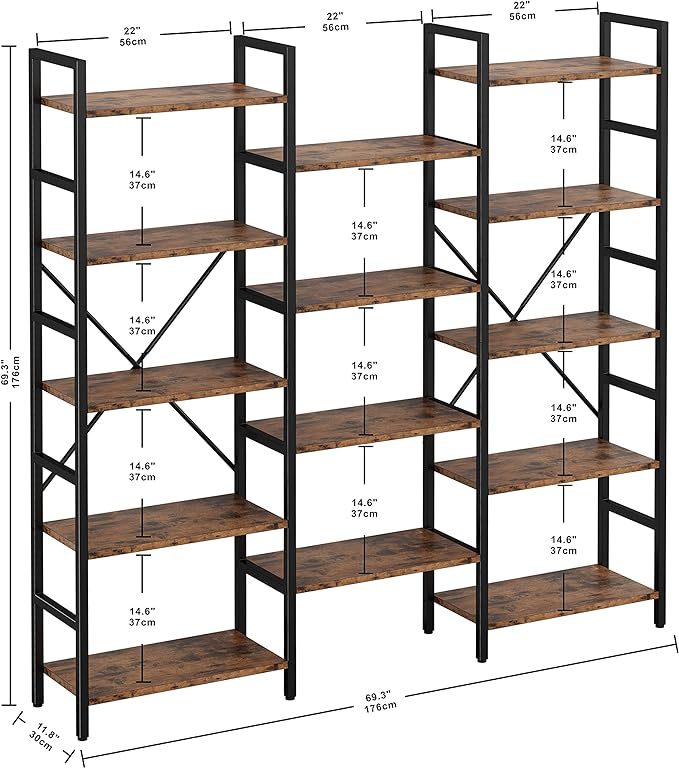Bookcases and Bookshelves Triple Wide 5 Tiers Industrial Bookshelf, Large Etagere Bookshelf Open Display Shelves with Metal Frame for Living Room Bedroom Home Office