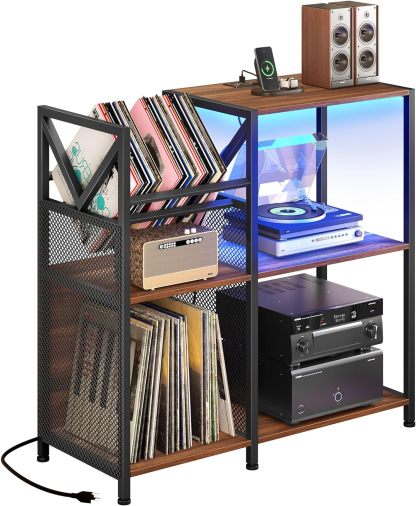3 Tier Record Player Stand with Power Outlets & LED Light