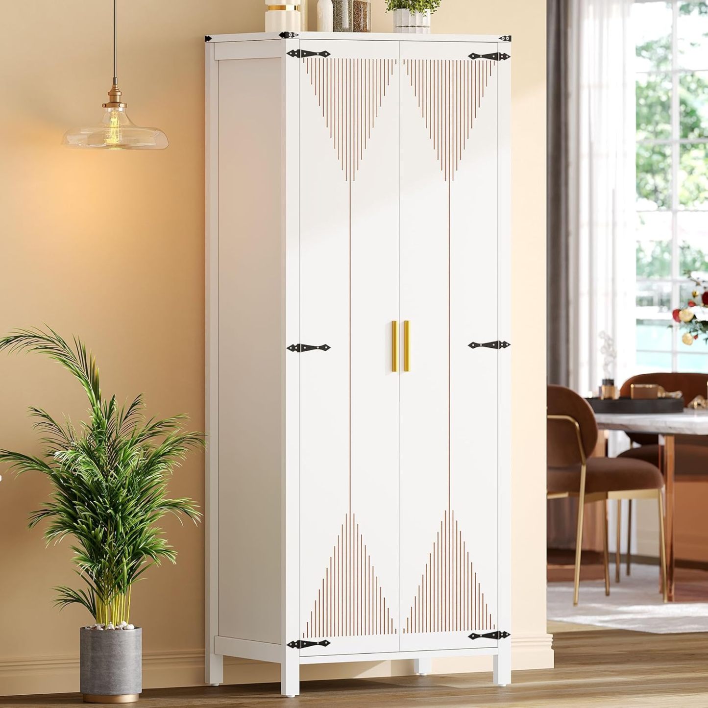 72" Tall Storage Cabinet, Modern Kitchen Pantry Cabinet with Carved Design for Doors ＆ Adjustable Shelves, Freestanding Wooden Storage Cabinet