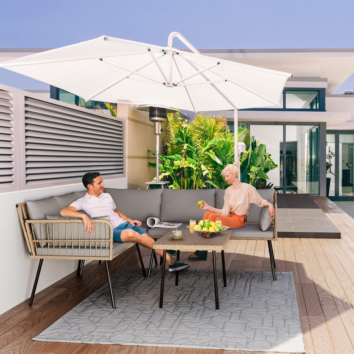 4 Pieces Patio Furniture Set, Outdoor Wicker Conversation Sectional L-Shaped Sofa with 5 Seater