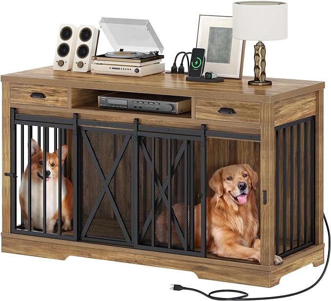 63 Inch Double Dog Crate Furniture for 2 Dogs, Heavy Duty Wooden Dog Crate TV Stand with Charging Station