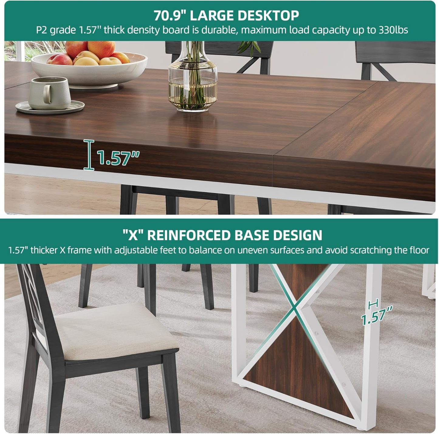 70.8'' Long Dining Table for 6-8 People Farmhouse Rectangular Kitchen Table with Heavy Duty Metal Legs Large Rustic Dinner Table