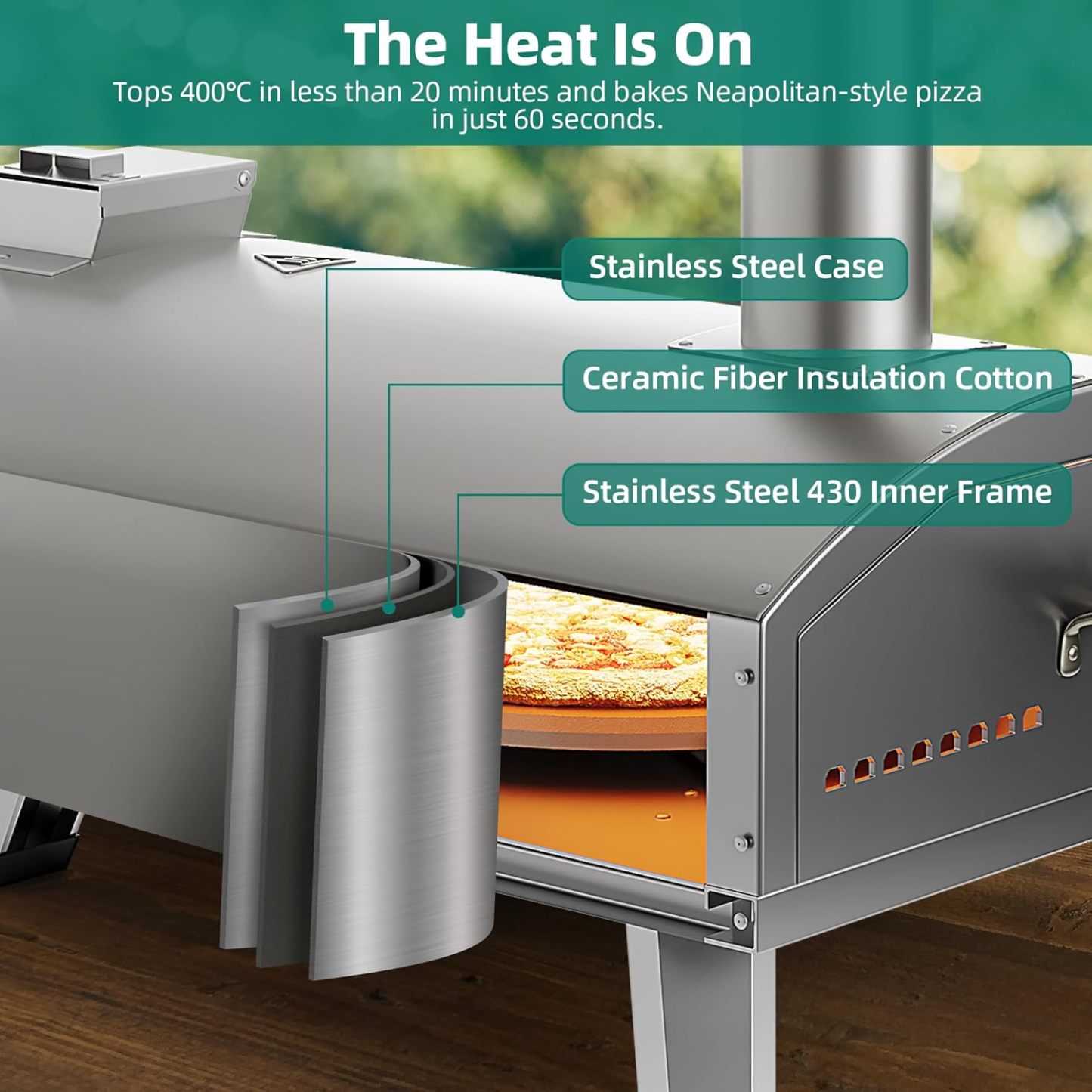 Multi-Fuel Outdoor Pizza Oven with Rotating, 12" Wood and Gas Fired Pizza Oven with Built-in Thermometer