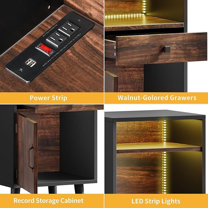 Record Player Stand with Power Outlets & LED Light