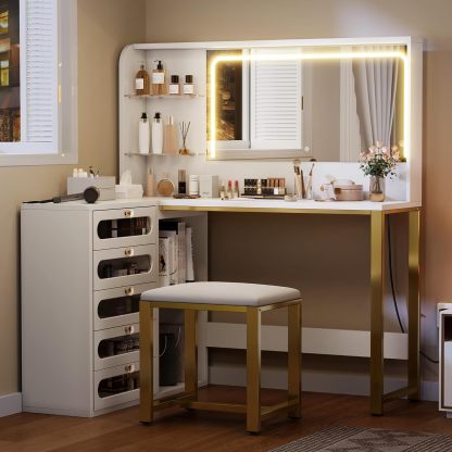 Vanity Desk Set- L Makeup Vanity with Mirror and Lights 3 Lighting Modes, 48" Large Dressing Table with 5 Tempered Glass Drawers with Open Storage Shelves Vanity Table, White