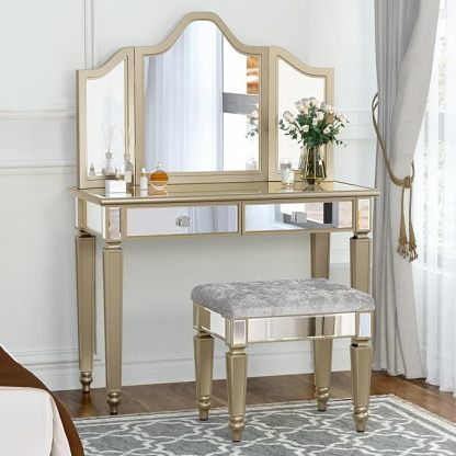 Gold Mirrored Makeup Vanity Desk with Adjustable or Detachable Tri-Folding Mirror and Upgraded Vanity Chair