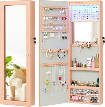Mirror Jewelry Cabinet Wall Mounted Jewelry Cabinet, Door Hanging LED Jewelry Organizer with Full Length Mirror/Built-in Makeup Mirror/4 Drawers