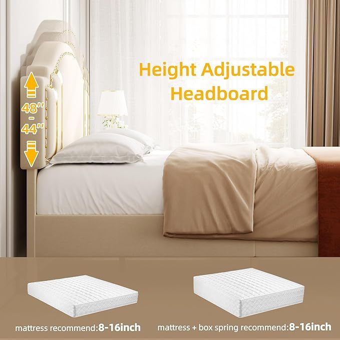 Queen Velvet Bed Frame with Adjustable Headboard, Upholstered Headboard and Footboard