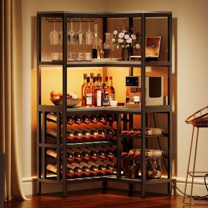 Large Corner Wine Rack, 63'' Corner Bar Cabinet with Power Outlet and LED Light, 5-Tier L Shaped Industrial Liquor Cabinet w/Glass Holder