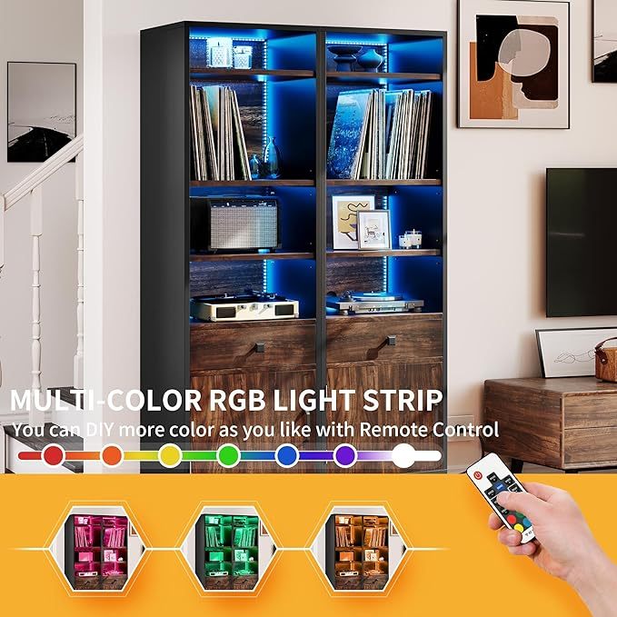 Record Player Stand with Power Outlets & LED Light