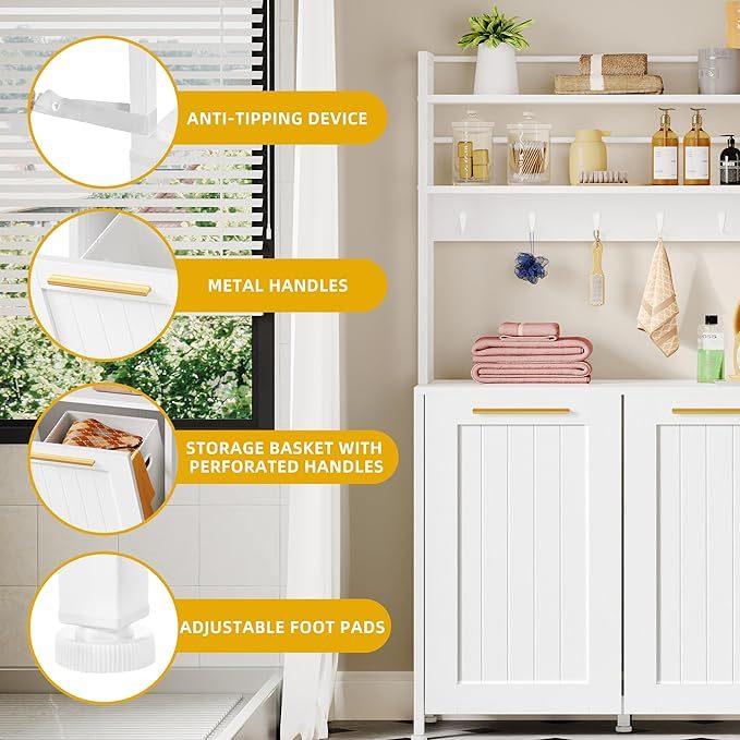 Laundry Hamper with Shelves, 3-Tier Laundry Hamper Cabinet 53" Tilt Out Hamper