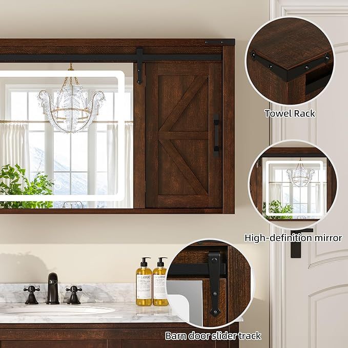 Farmhouse Medicine Cabinet Mirror with Lights, Bathroom Wall Cabinet w/Rustic Sliding Barn Door