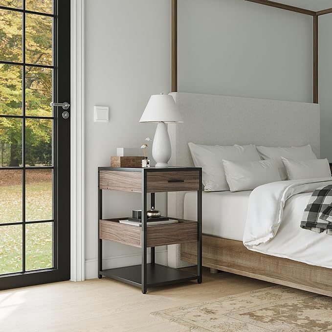 28 Inch Elm Color Nightstand with 1 Drawer 1 Open Storage 3 Shelves Black Metal Nightstand