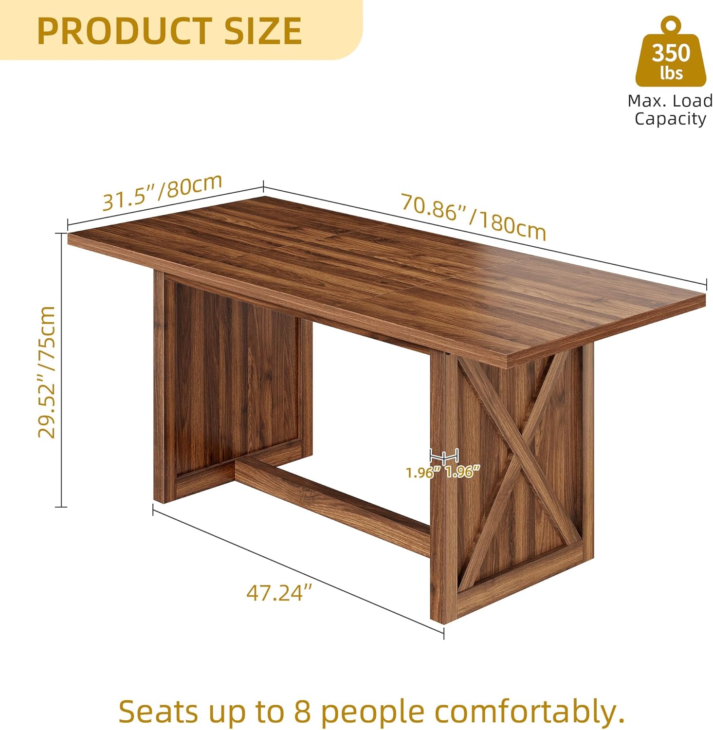 70.8" Large Farmhouse Dining Table for 6 to 8 People, Rustic Style Wood Dinner Table, Rectangular Dining Table for Kitchen