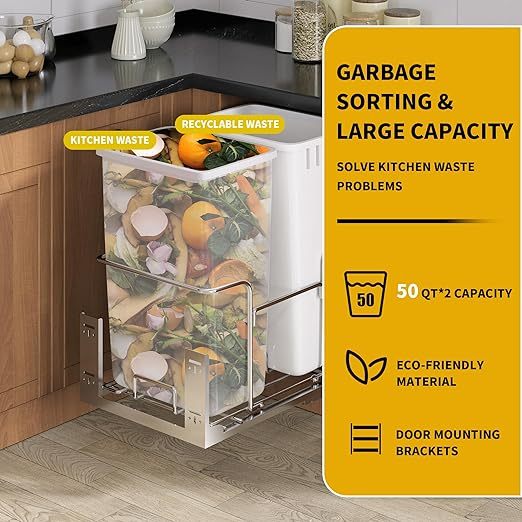50-Quart Pull-Out Trash Can with Lid Double Bins