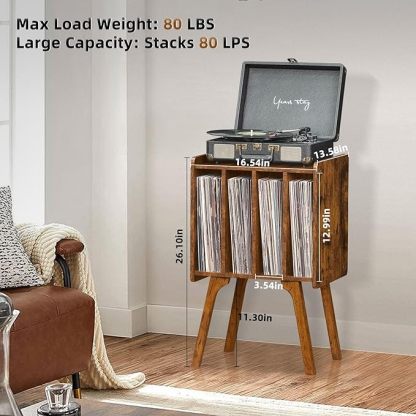 Record Player Stand with Storage Holds Up to 100 Albums, Turntable Stand with Beech Wood Legs, Mid-Century Record Player Table, Brown Vinyl Holder Display Shelf for Bedroom Living Room