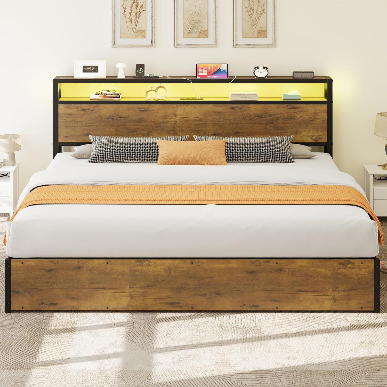 Lift Storage Bed Frame, King Size Bed Frame with 2-Tier Storage Shelf Headboard, LED Light Platform Bed Frame