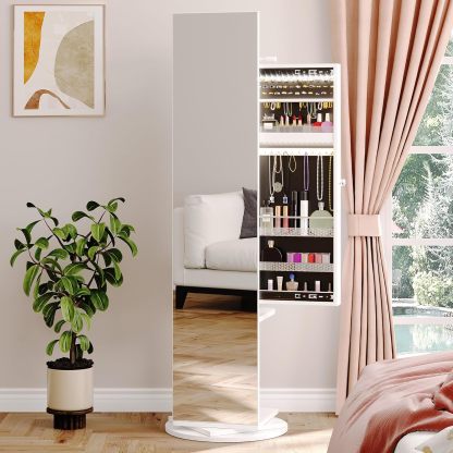 Jewelry Mirror Cabinet with Lights Full Length Mirror Jewelry Armoire LED Jewelry Organizer with 1 Coat Hanger, 4 Hooks, Standing Jewelry Armoires with Storage Shelves