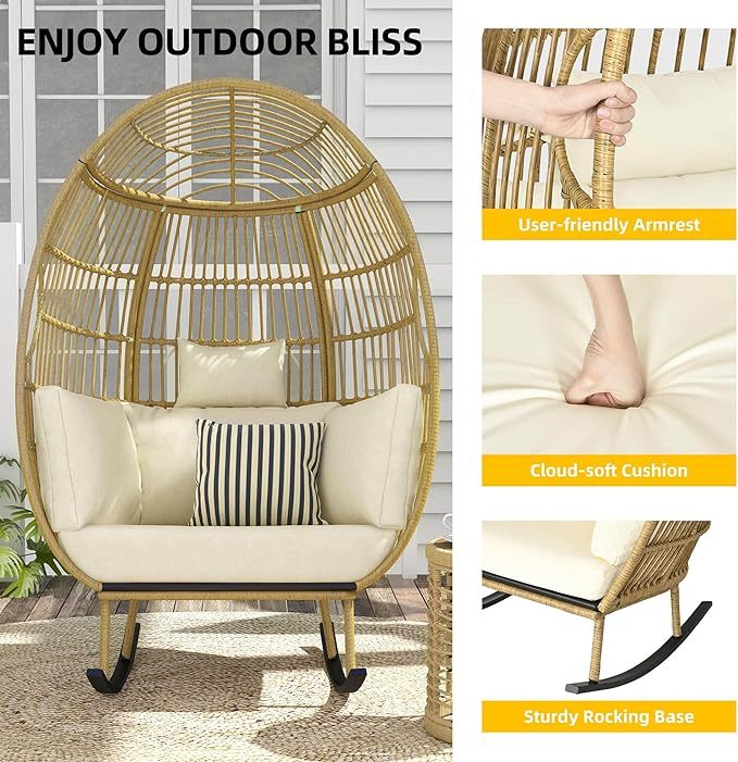 Outdoor Rocking Egg Chair, Patio Rocking Chair Oversized, 370lb Capacity, Anti-Slip