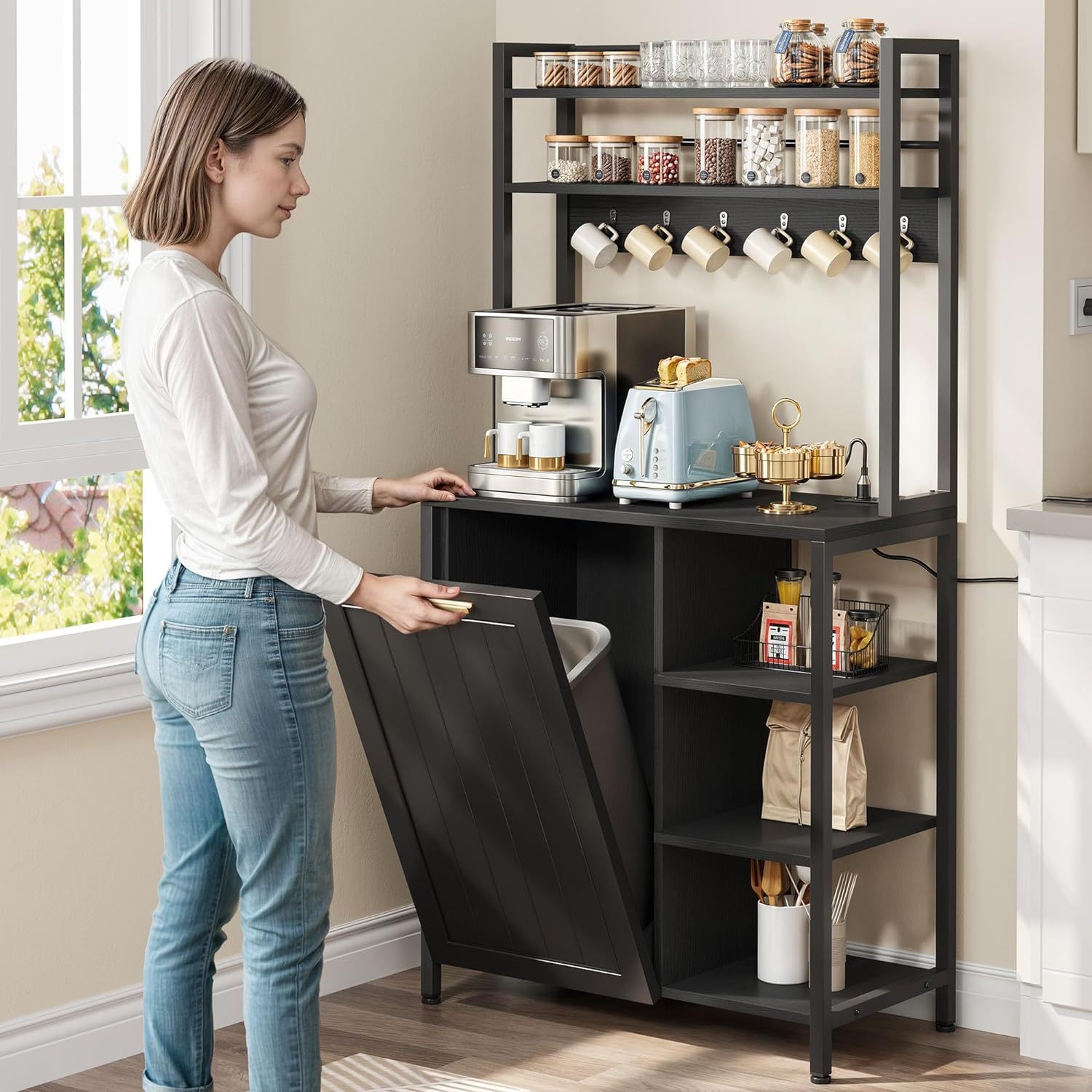 Black Bakers Rack with Trash Can Bin Cabinet and Power Outlet